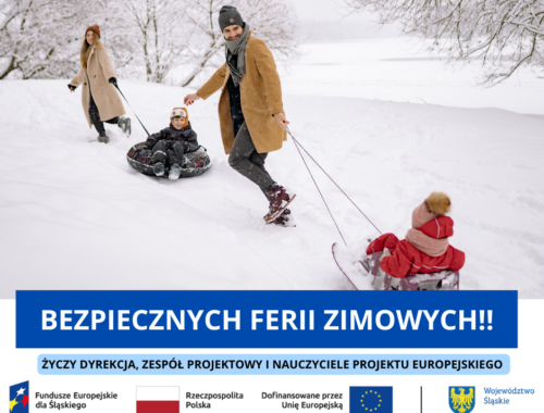 Rodzice ciągnący dzieci na sankach.