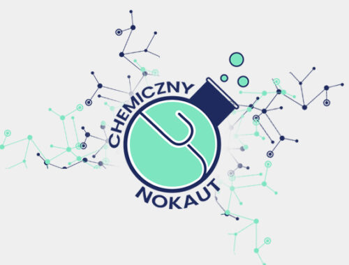 kolba chemiczna z napisem wokół wiązania chemiczne, logo Chemiczny Nokaut