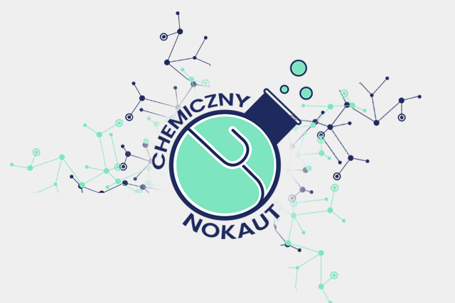 kolba chemiczna z napisem wokół wiązania chemiczne, logo Chemiczny Nokaut